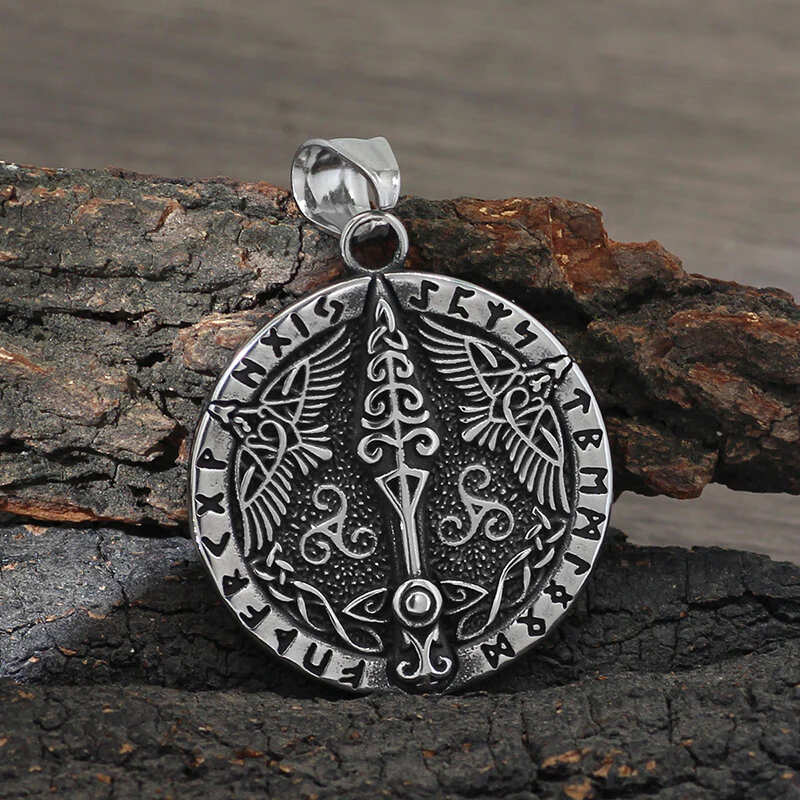 Vintage Viking Rune Odin Raven Stainless Steel Pendant