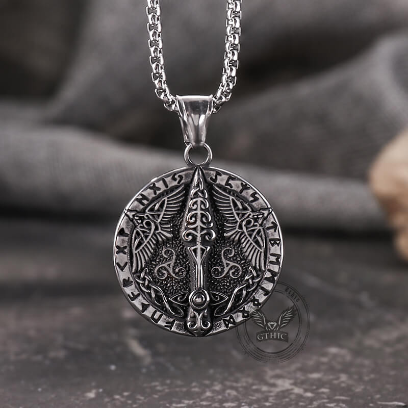 Vintage Viking Rune Odin Raven Stainless Steel Pendant