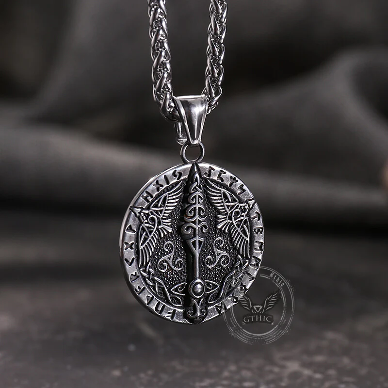 Vintage Viking Rune Odin Raven Stainless Steel Pendant