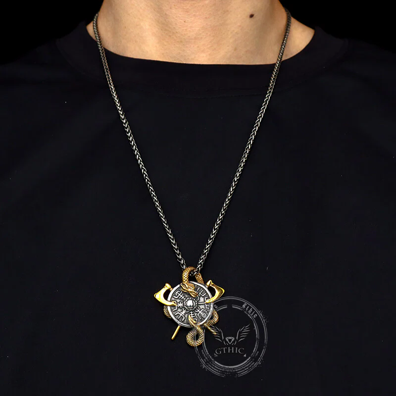 Viking Dragon Double Axe Vegvisir Stainless Steel Pendant