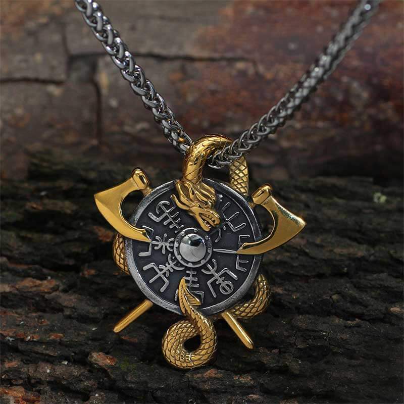 Viking Dragon Double Axe Vegvisir Stainless Steel Pendant
