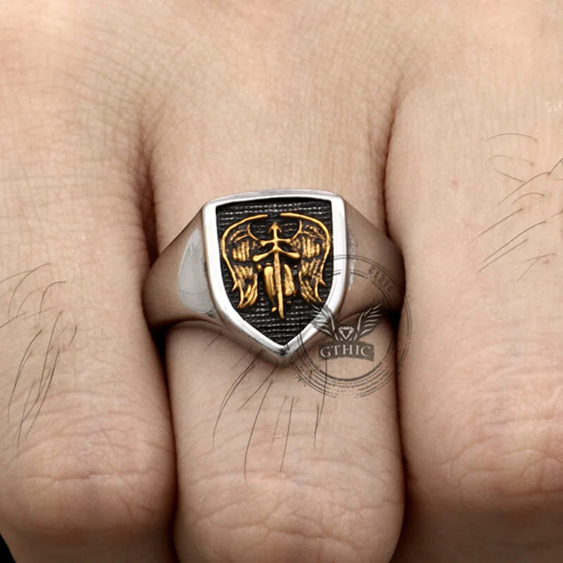 Simple Angel Wings Ares Shield Stainless Steel Ring