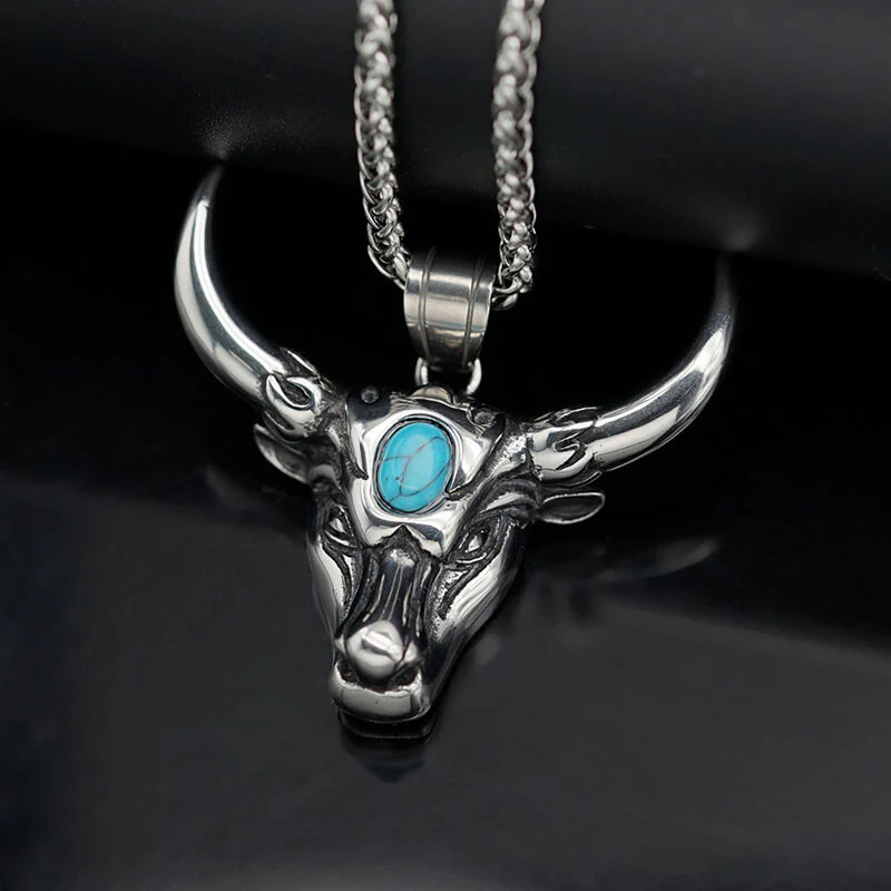 Punk Turquoise Bull Head Stainless Steel Pendant