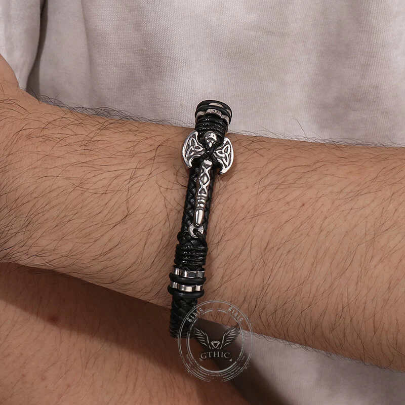 Celtic Knot Axe Stainless Steel Leather Bracelet