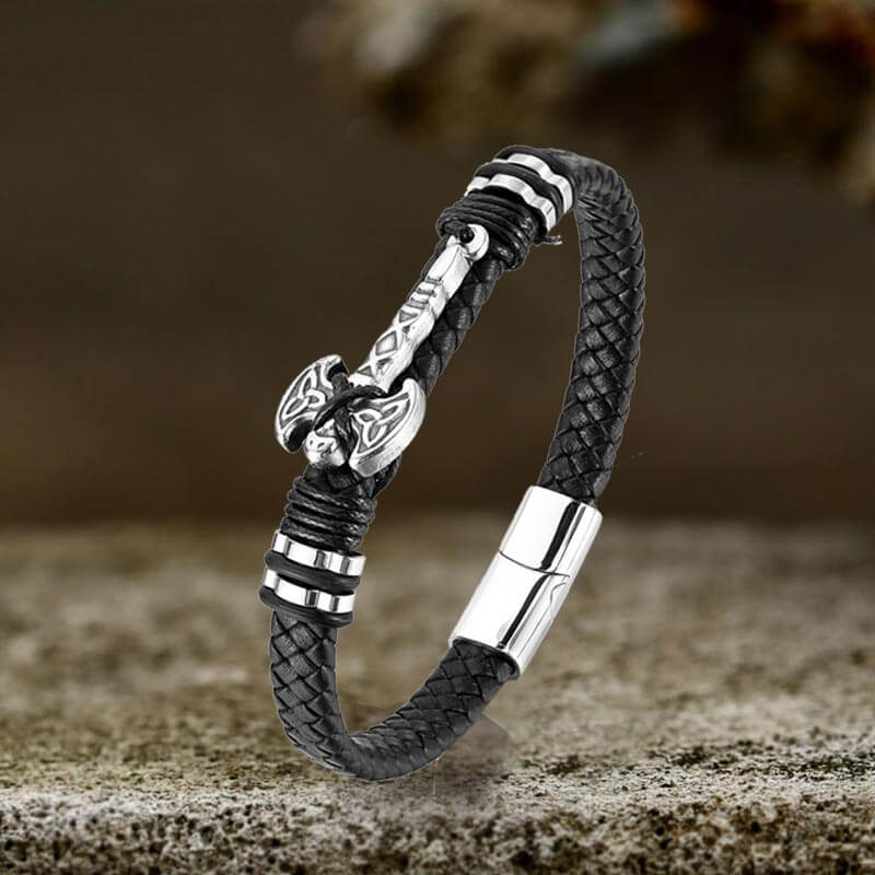 Celtic Knot Axe Stainless Steel Leather Bracelet