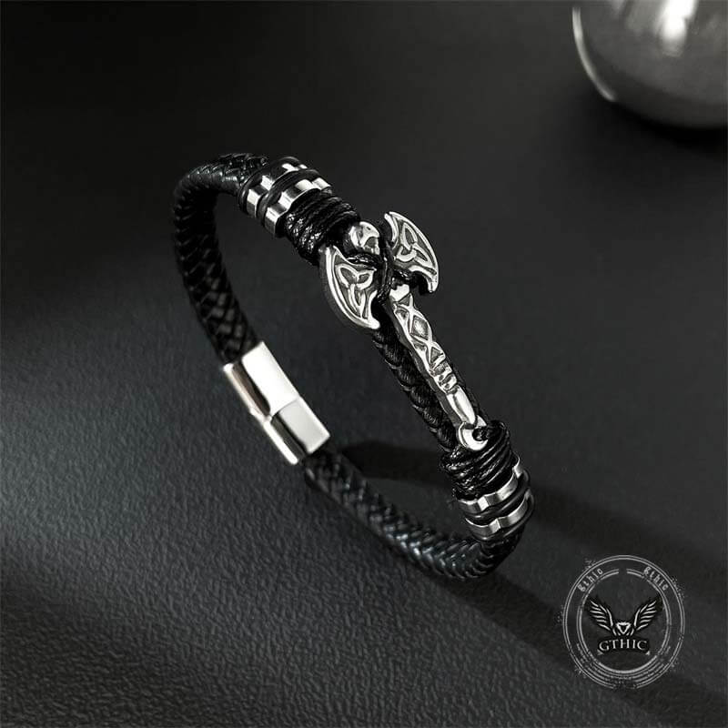 Celtic Knot Axe Stainless Steel Leather Bracelet