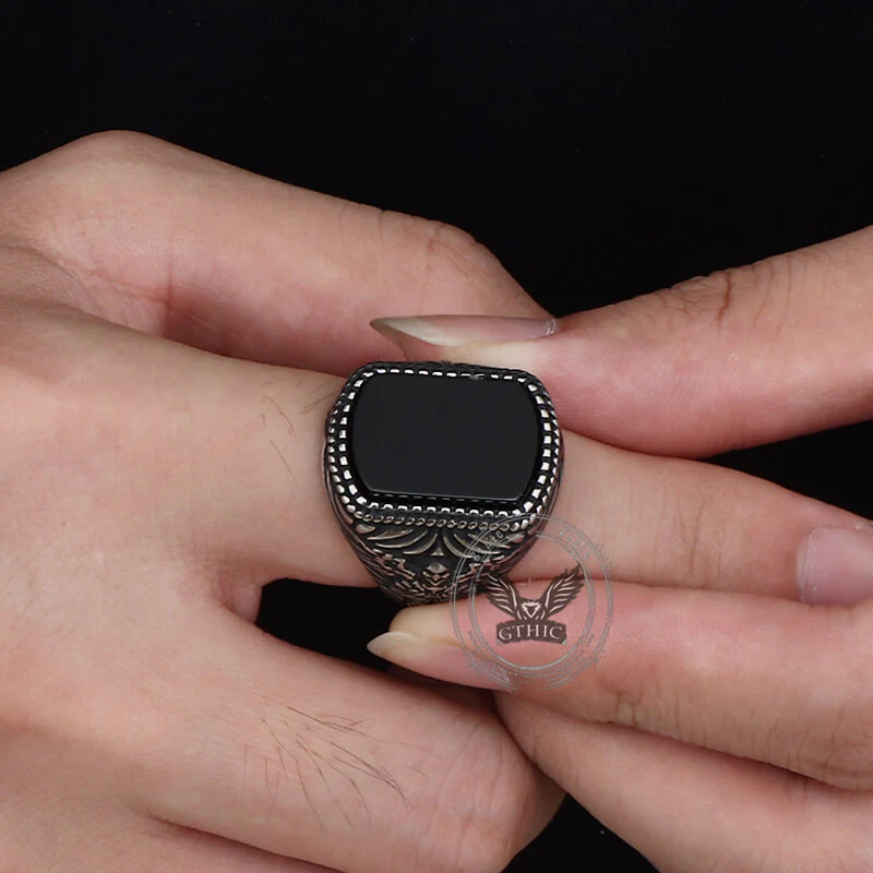 Vintage Black Onyx Eagle Stainless Steel Ring