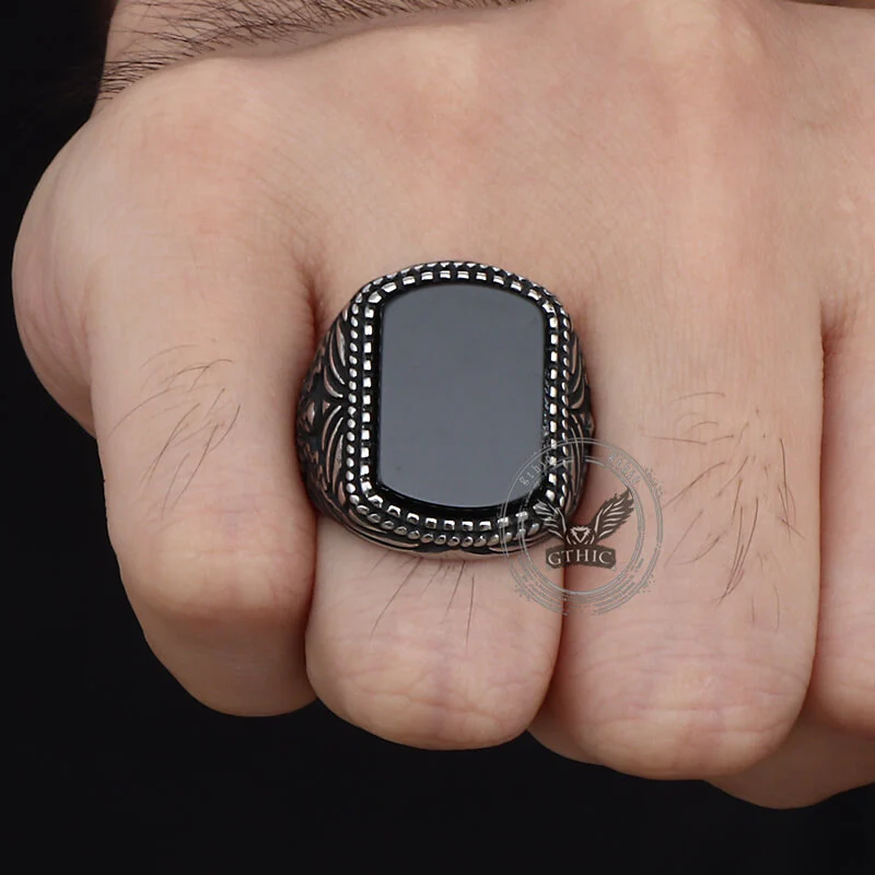 Vintage Black Onyx Eagle Stainless Steel Ring