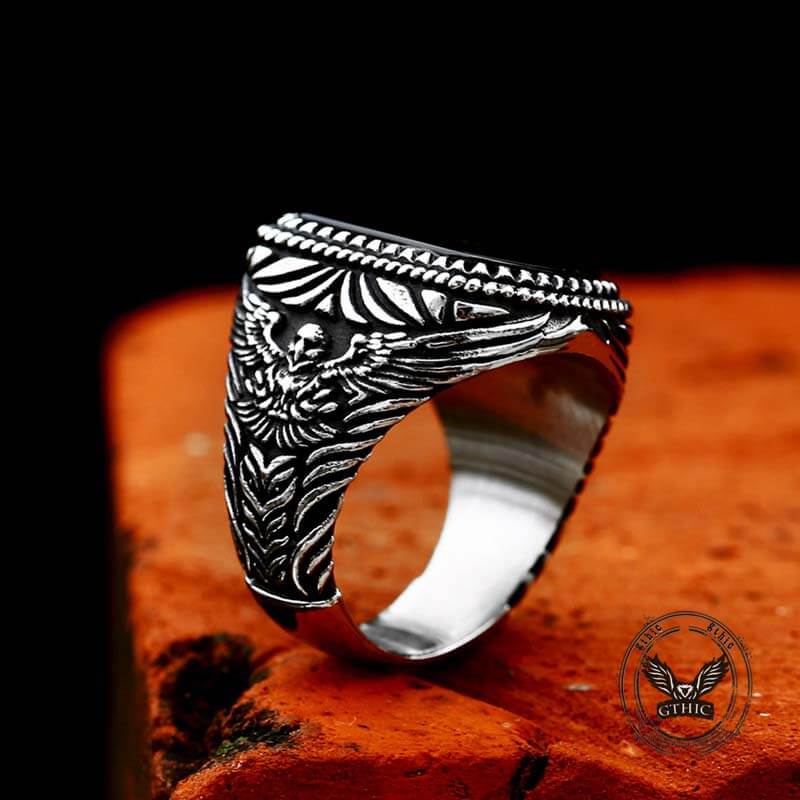 Vintage Black Onyx Eagle Stainless Steel Ring