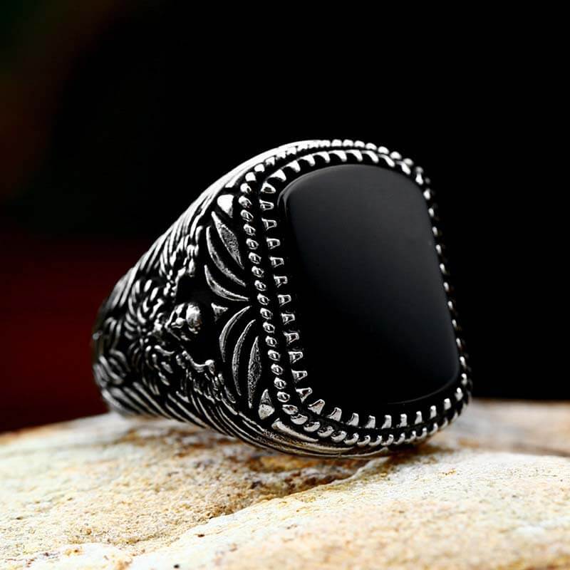 Vintage Black Onyx Eagle Stainless Steel Ring
