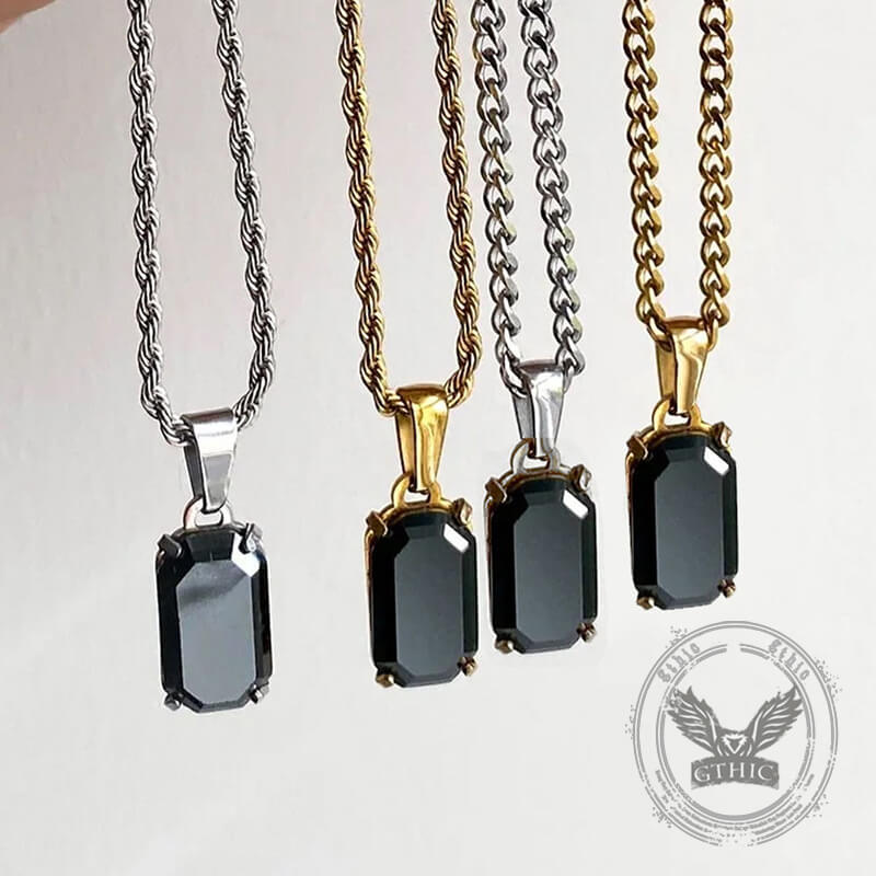 Rectangular Black Zircon Cuban Chain Stainless Steel Pendant