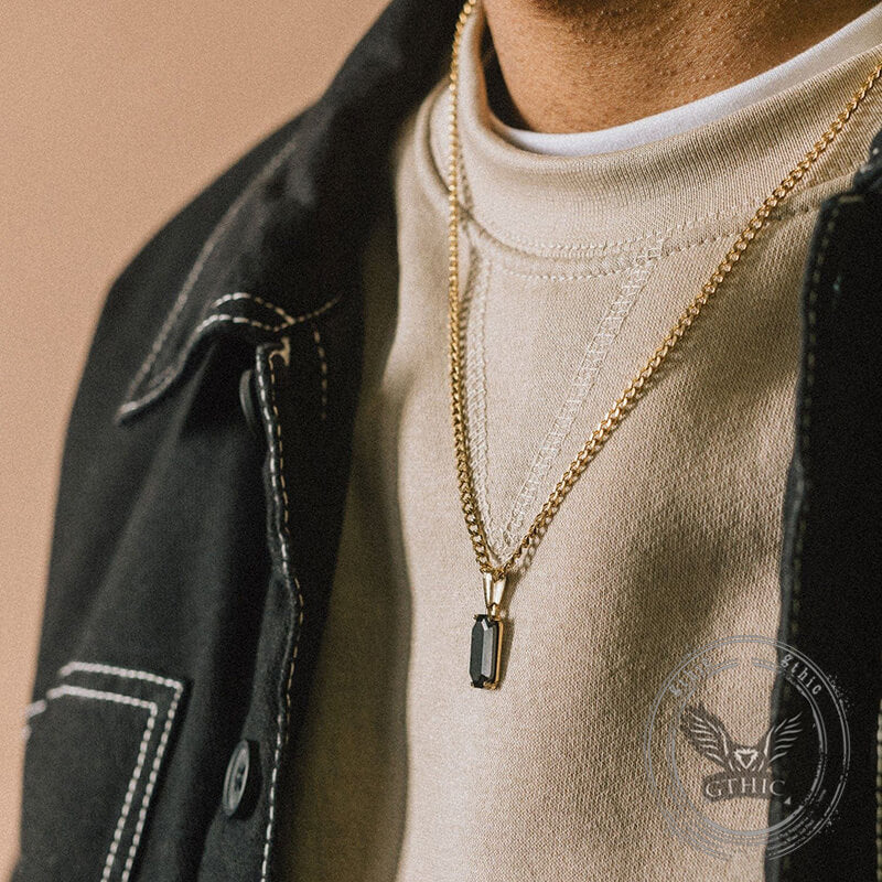 Rectangular Black Zircon Cuban Chain Stainless Steel Pendant