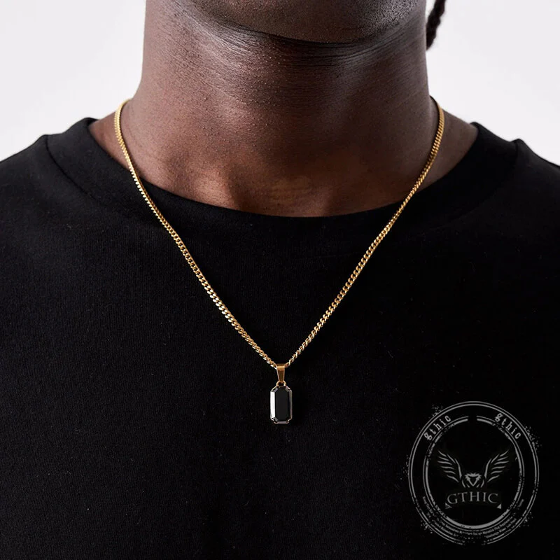 Rectangular Black Zircon Cuban Chain Stainless Steel Pendant