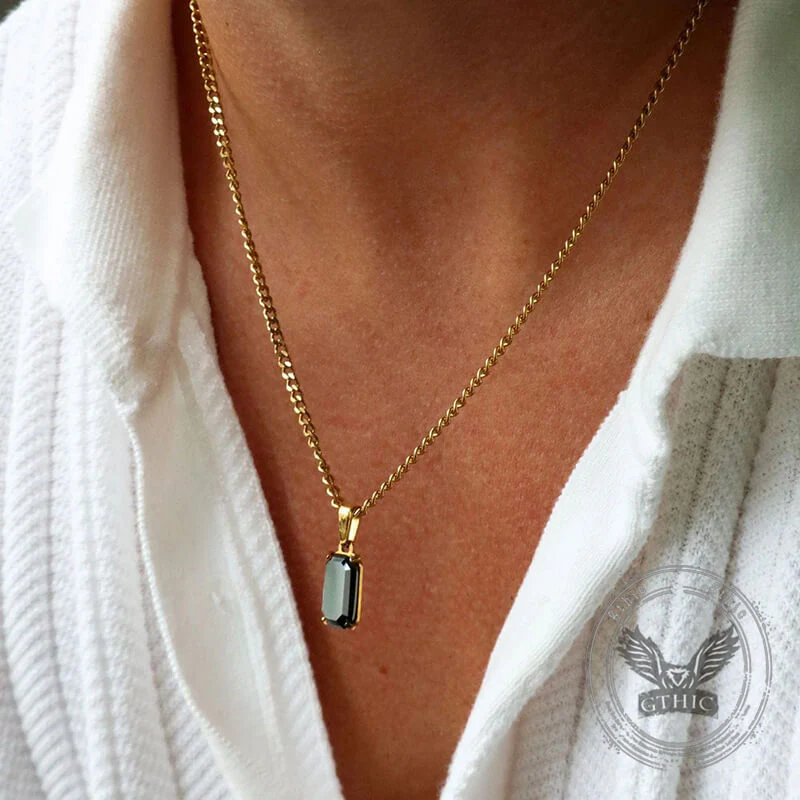 Rectangular Black Zircon Cuban Chain Stainless Steel Pendant