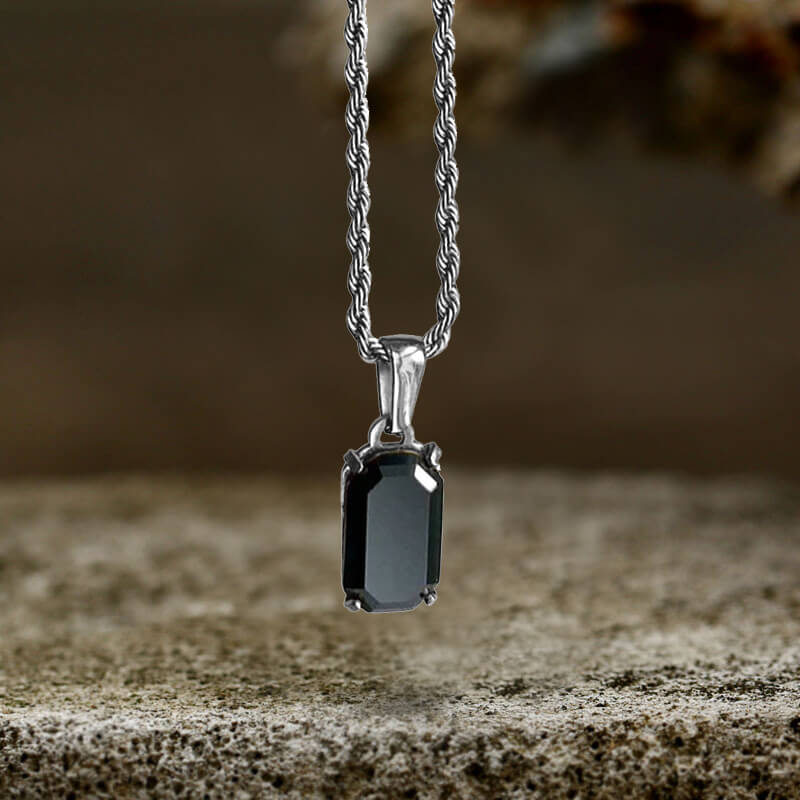 Rectangular Black Zircon Cuban Chain Stainless Steel Pendant