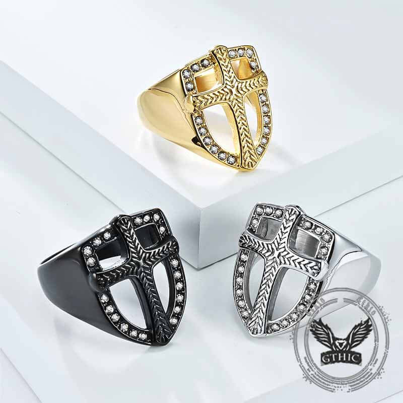 Vintage Shield Cross Diamond Stainless Steel Ring