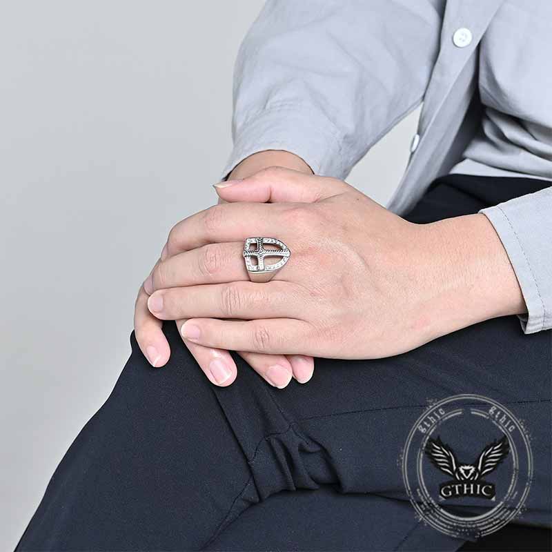 Vintage Shield Cross Diamond Stainless Steel Ring