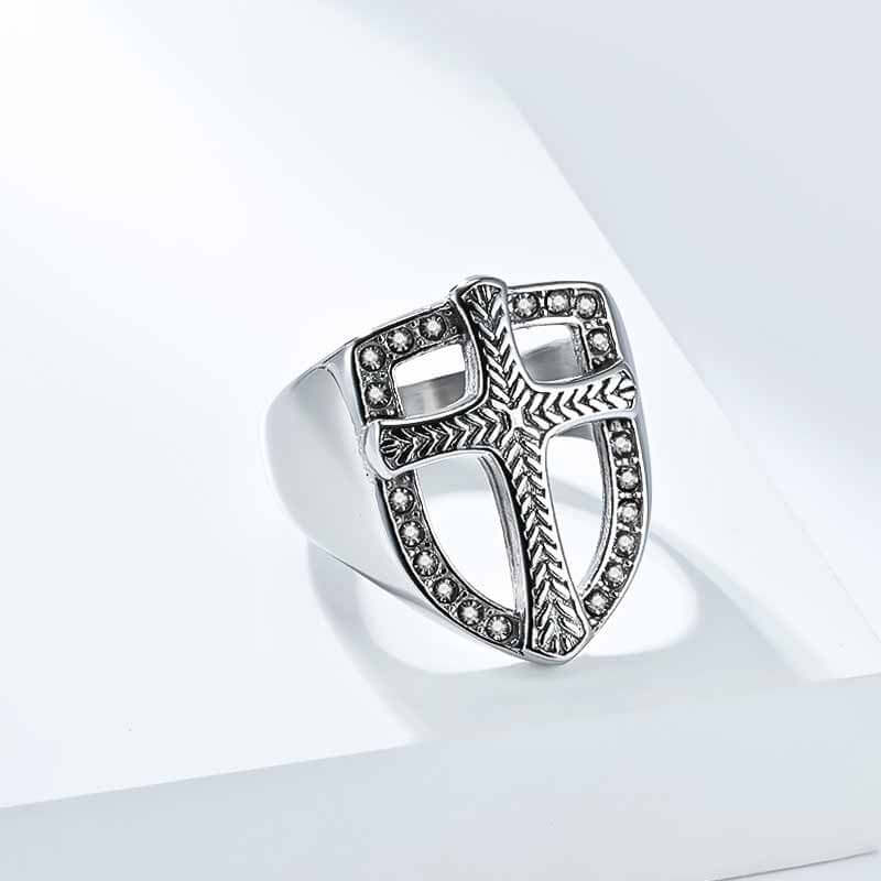 Vintage Shield Cross Diamond Stainless Steel Ring
