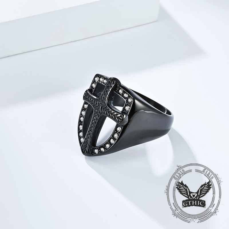 Vintage Shield Cross Diamond Stainless Steel Ring