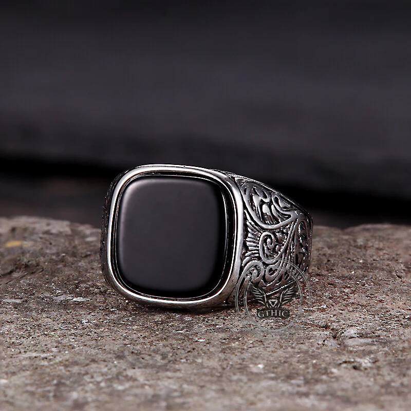 16496-vintage-pattern-square-turquoise-stainless-steel-ring-1.webp Vintage Pattern Square Turquoise Stainless Steel Ring