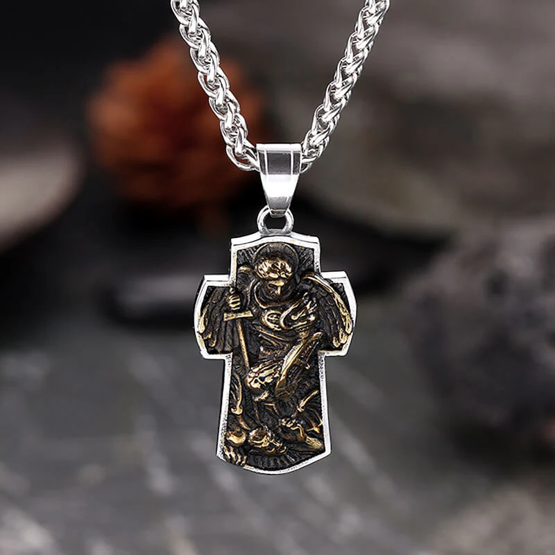 Vintage Archangel Saint Michael Cross Stainless Steel Pendant