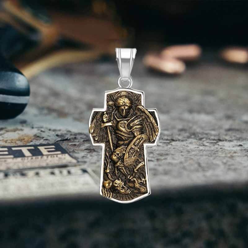 Vintage Archangel Saint Michael Cross Stainless Steel Pendant