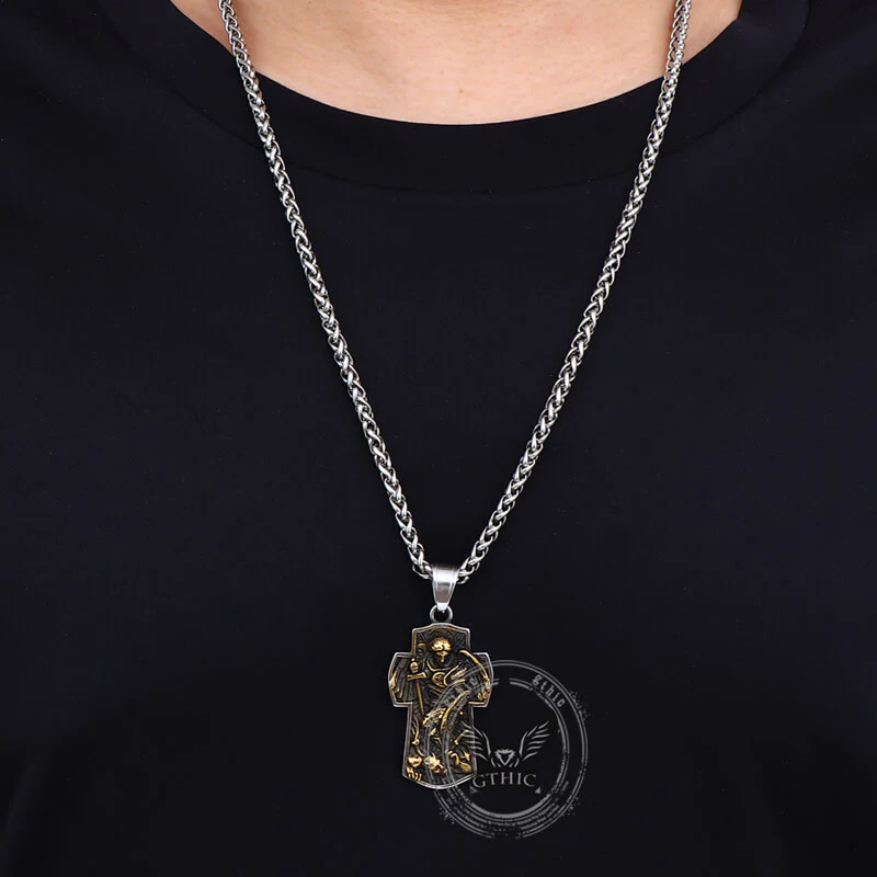 Vintage Archangel Saint Michael Cross Stainless Steel Pendant