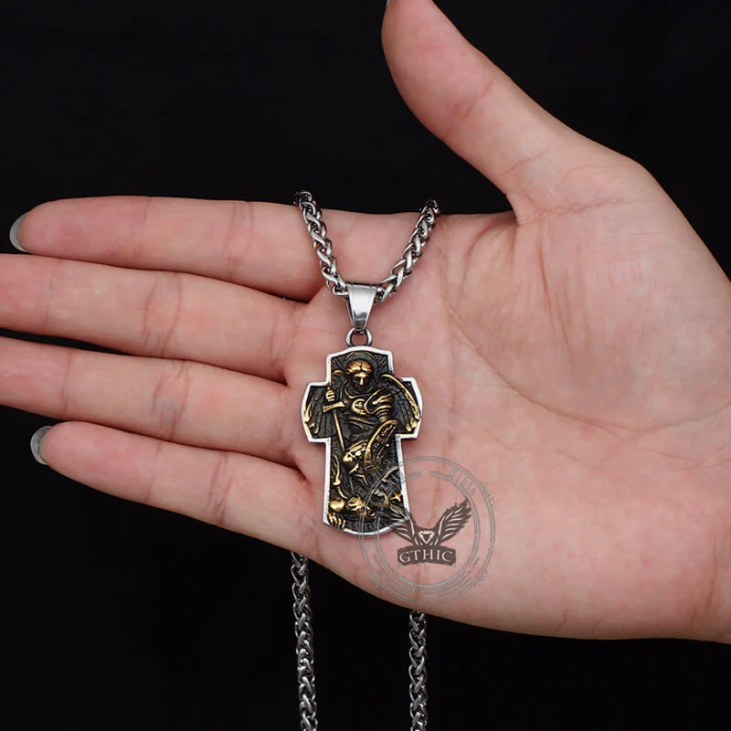 Vintage Archangel Saint Michael Cross Stainless Steel Pendant