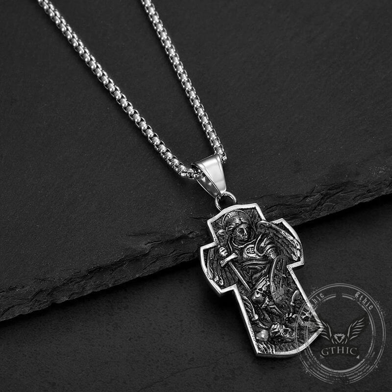 Vintage Archangel Saint Michael Cross Stainless Steel Pendant