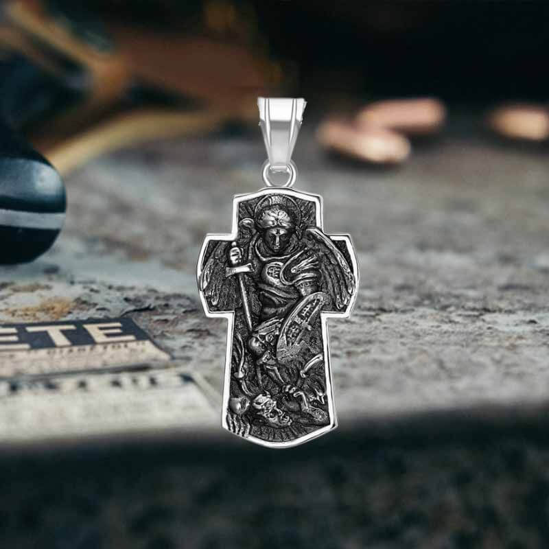 Vintage Archangel Saint Michael Cross Stainless Steel Pendant