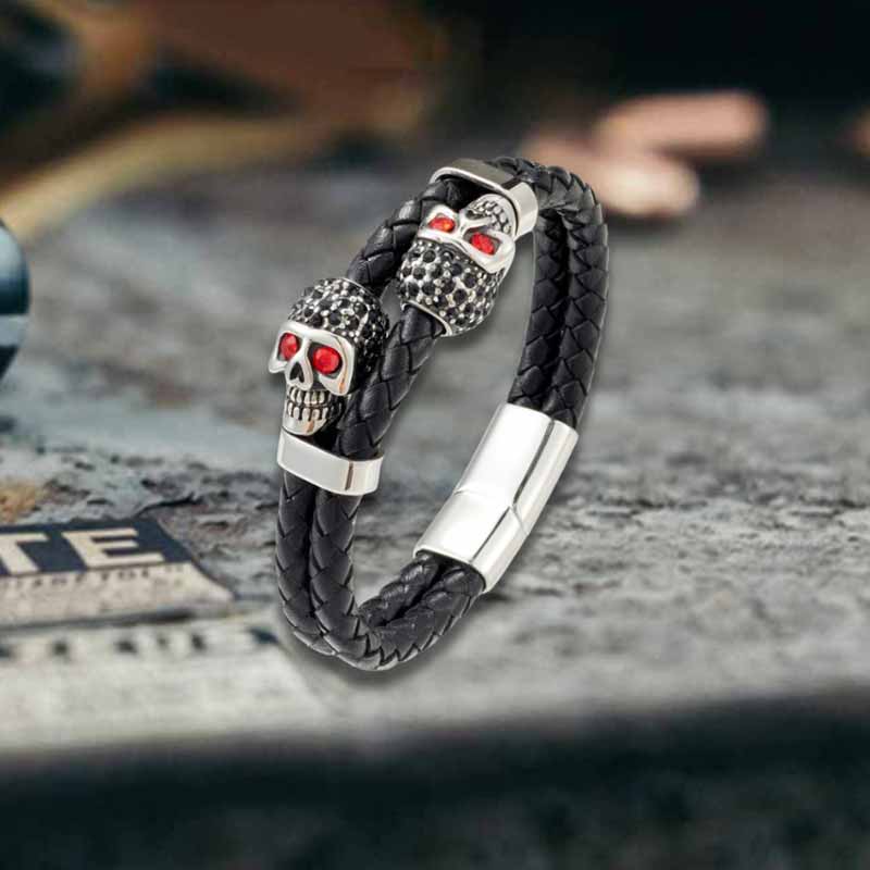 Punk Double Skull Stainless Steel Leather Bracelet