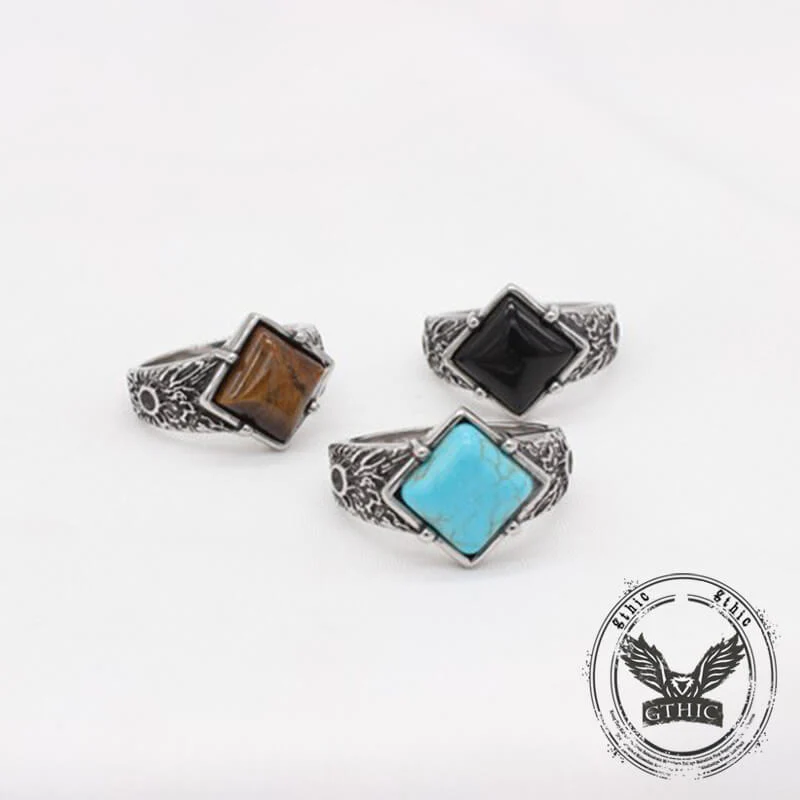 Vintage Textured Square Gem Stainless Steel Ring