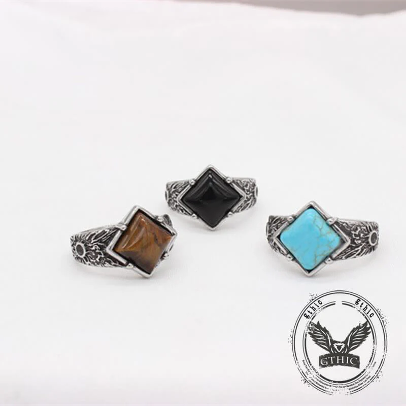 Vintage Textured Square Gem Stainless Steel Ring