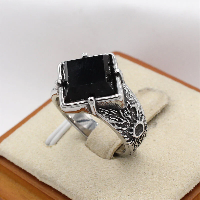 Vintage Textured Square Gem Stainless Steel Ring