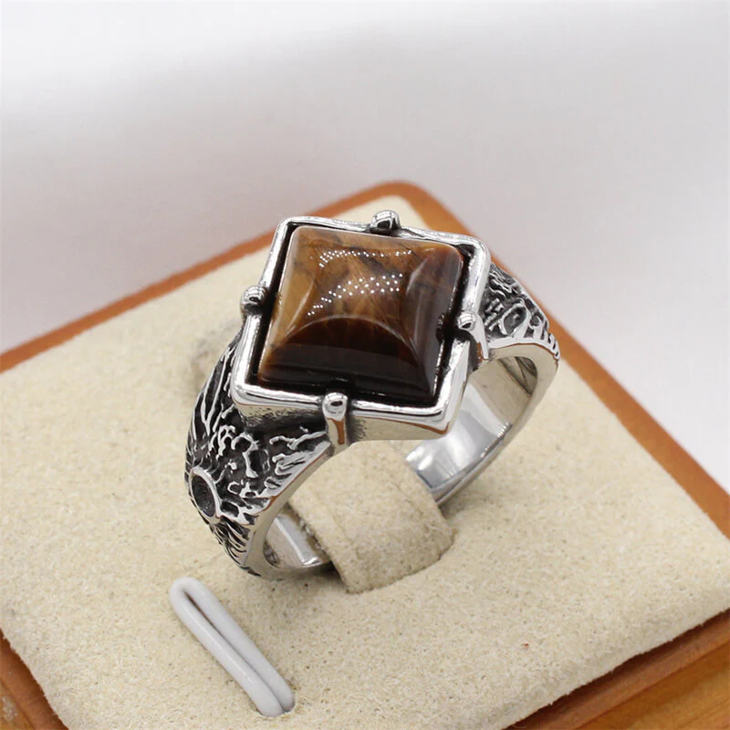 Vintage Textured Square Gem Stainless Steel Ring
