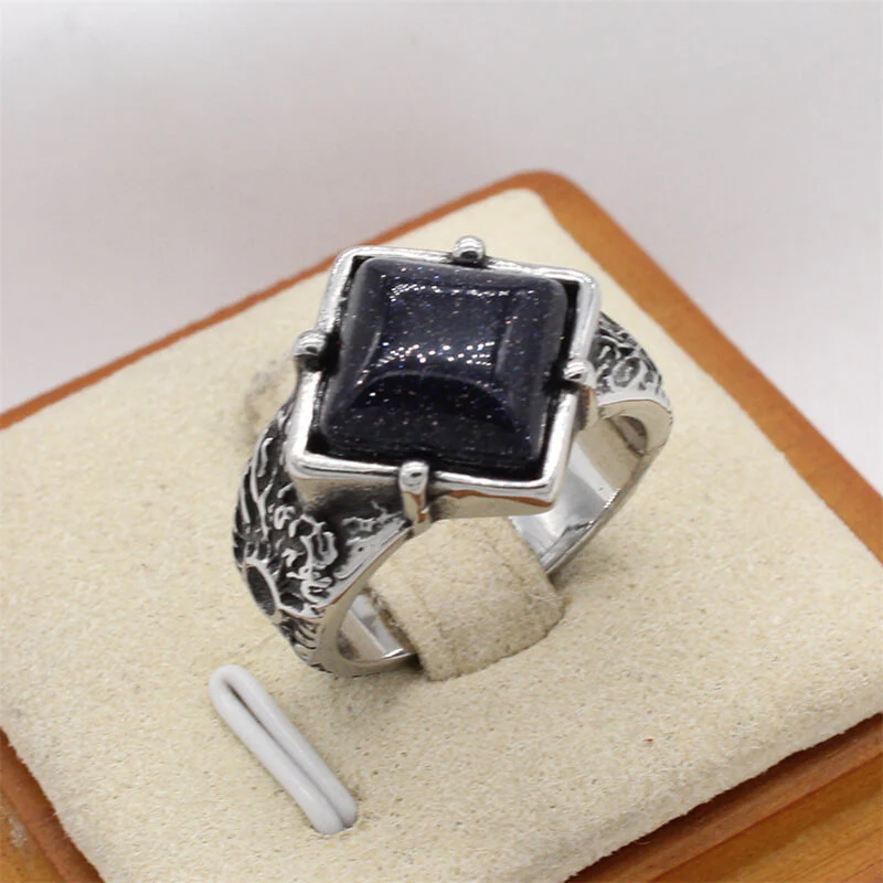 Vintage Textured Square Gem Stainless Steel Ring