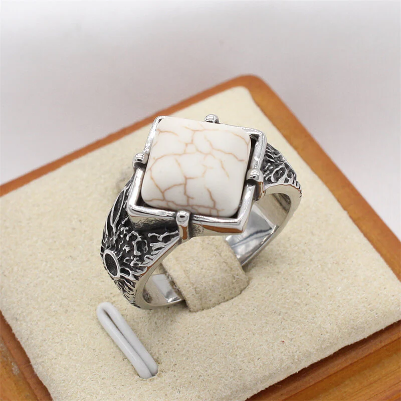 Vintage Textured Square Gem Stainless Steel Ring