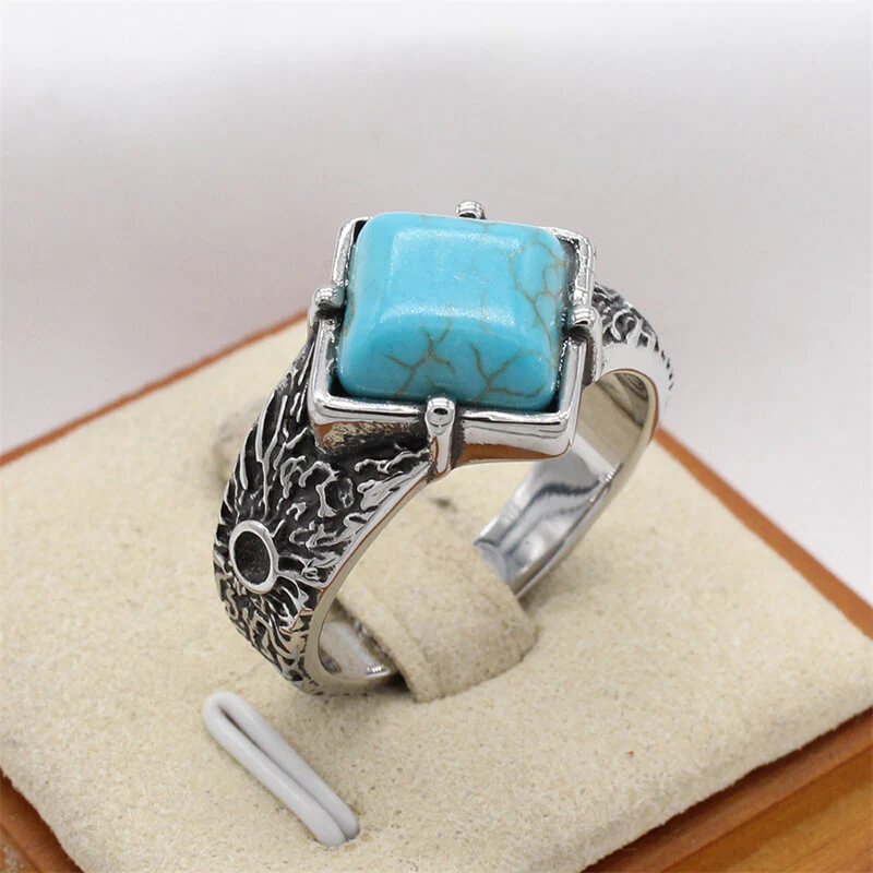 Vintage Textured Square Gem Stainless Steel Ring
