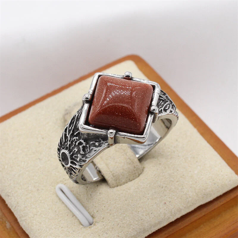 Vintage Textured Square Gem Stainless Steel Ring