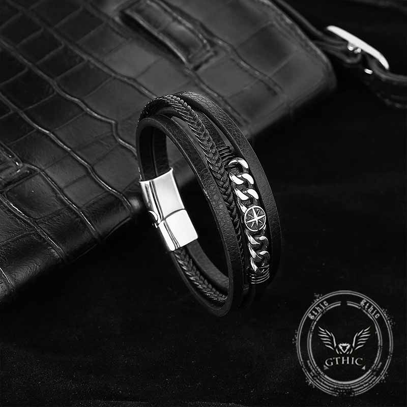 Vintage Octagonal Star Stainless Steel Leather Bracelet