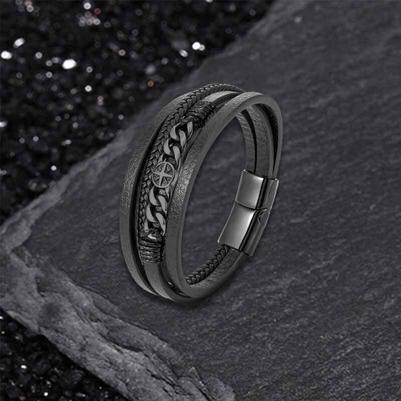 Vintage Octagonal Star Stainless Steel Leather Bracelet