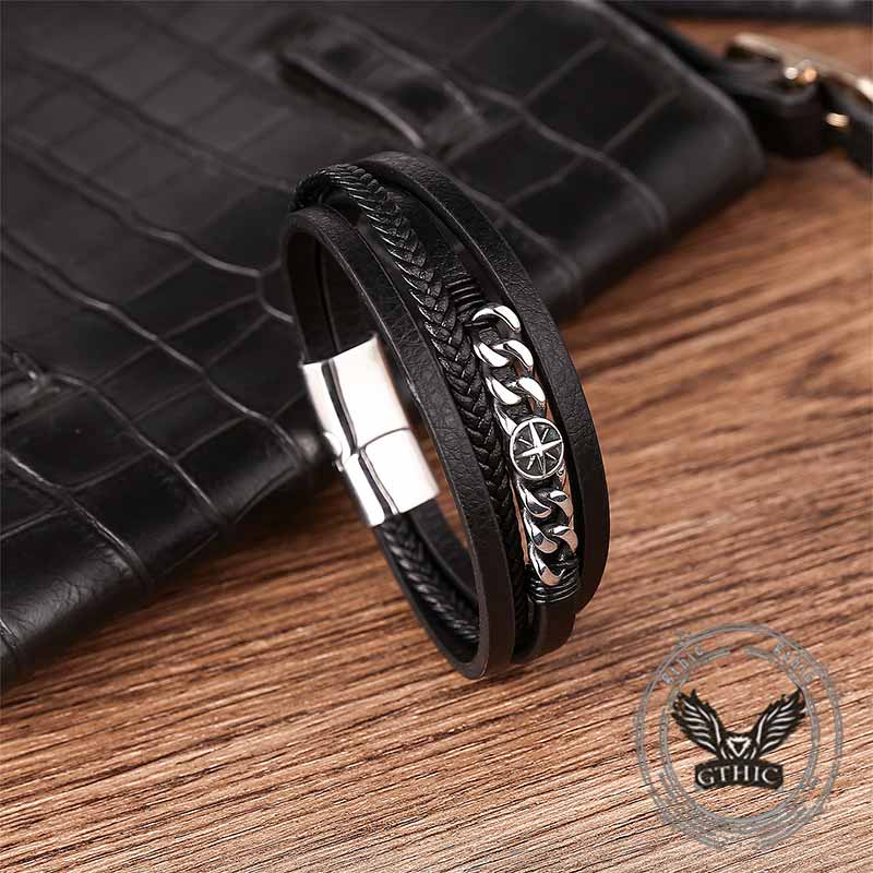 Vintage Octagonal Star Stainless Steel Leather Bracelet