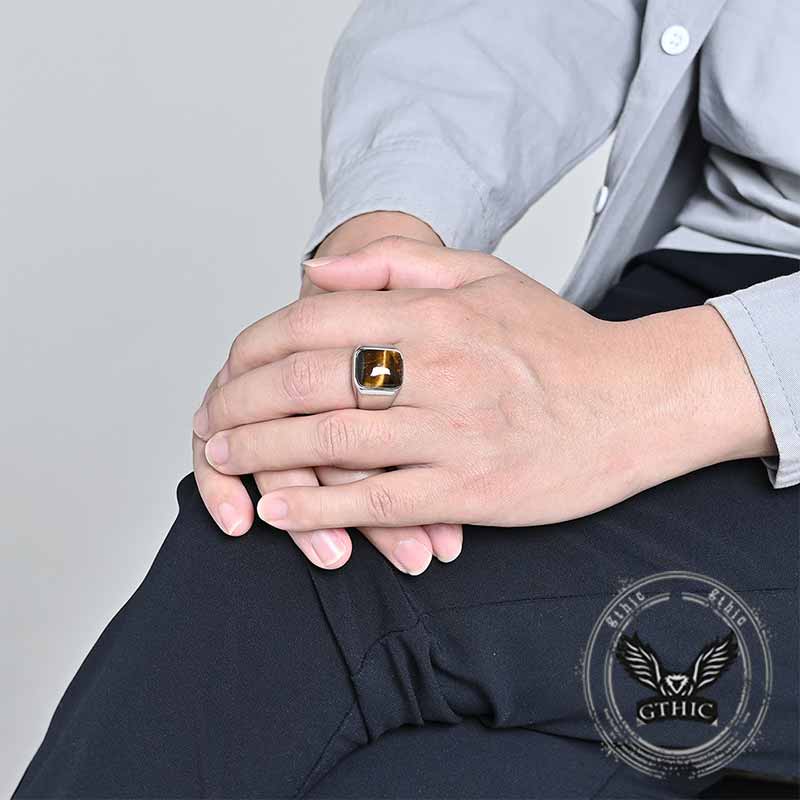 Square Tiger Eye Stone Stainless Steel Ring