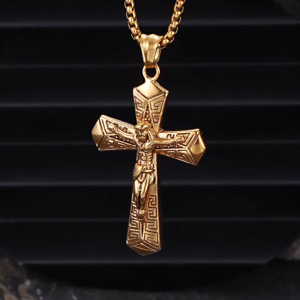 17132-gold-with-3-60-cm-chain-gold-with-3-60-cm-chain-variation-1.webp Vintage Jesus Suffering Stainless Steel Cross Pendant