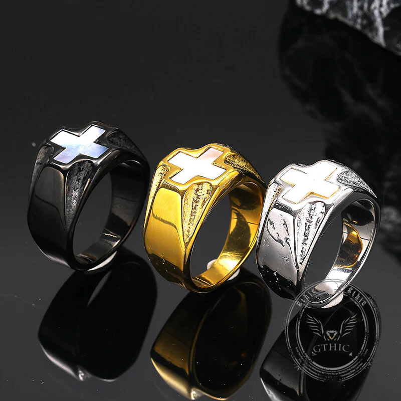 Vintage White Shell Cross Stainless Steel Ring