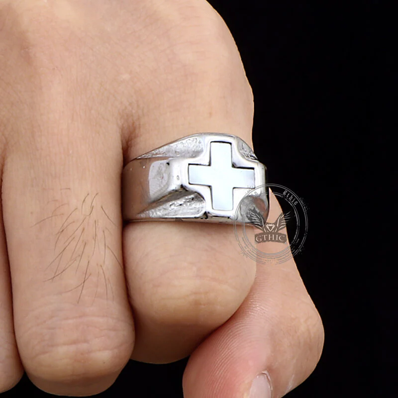 Vintage White Shell Cross Stainless Steel Ring