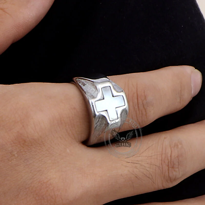 Vintage White Shell Cross Stainless Steel Ring