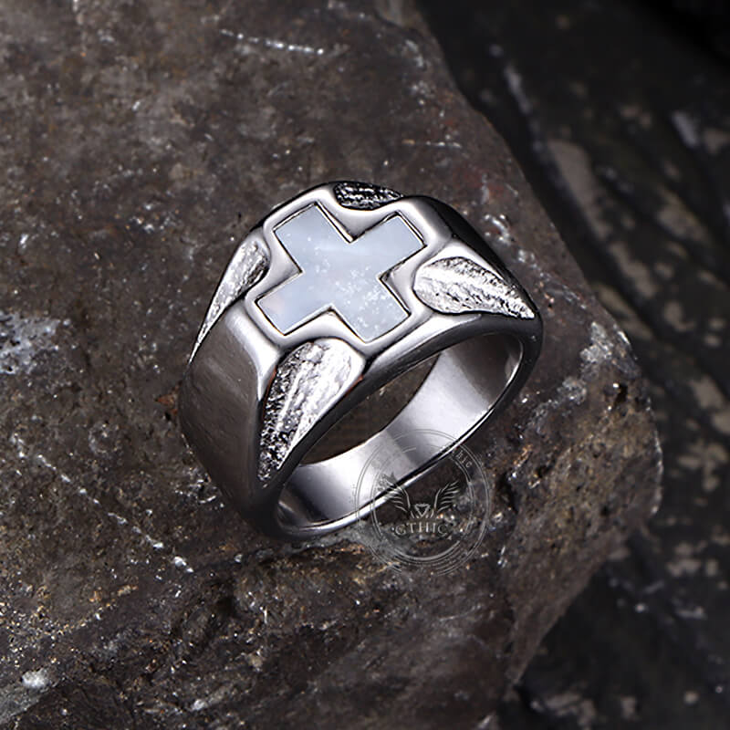 Vintage White Shell Cross Stainless Steel Ring