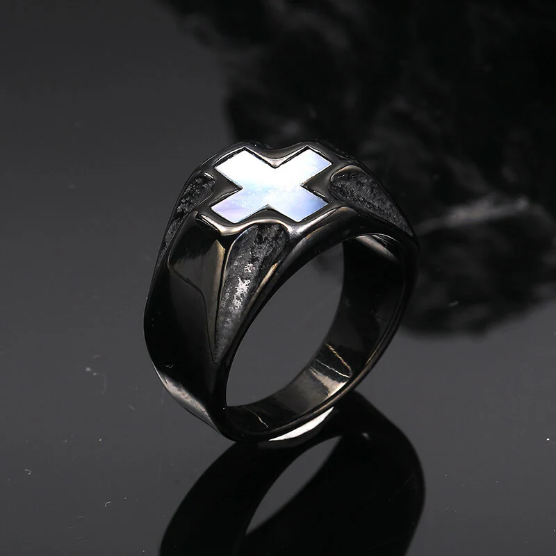 Vintage White Shell Cross Stainless Steel Ring