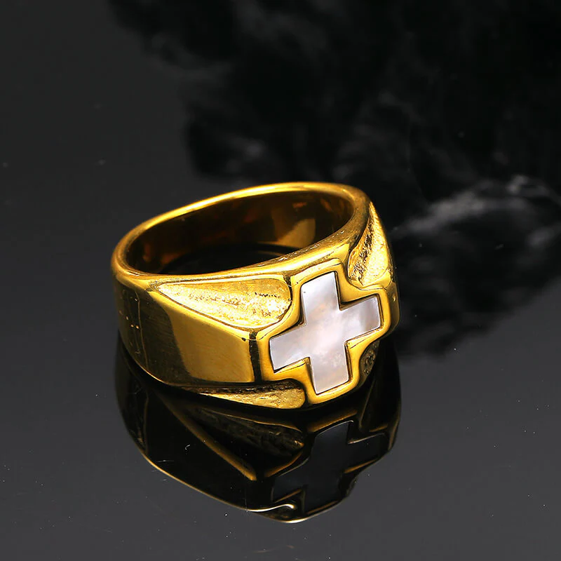 Vintage White Shell Cross Stainless Steel Ring